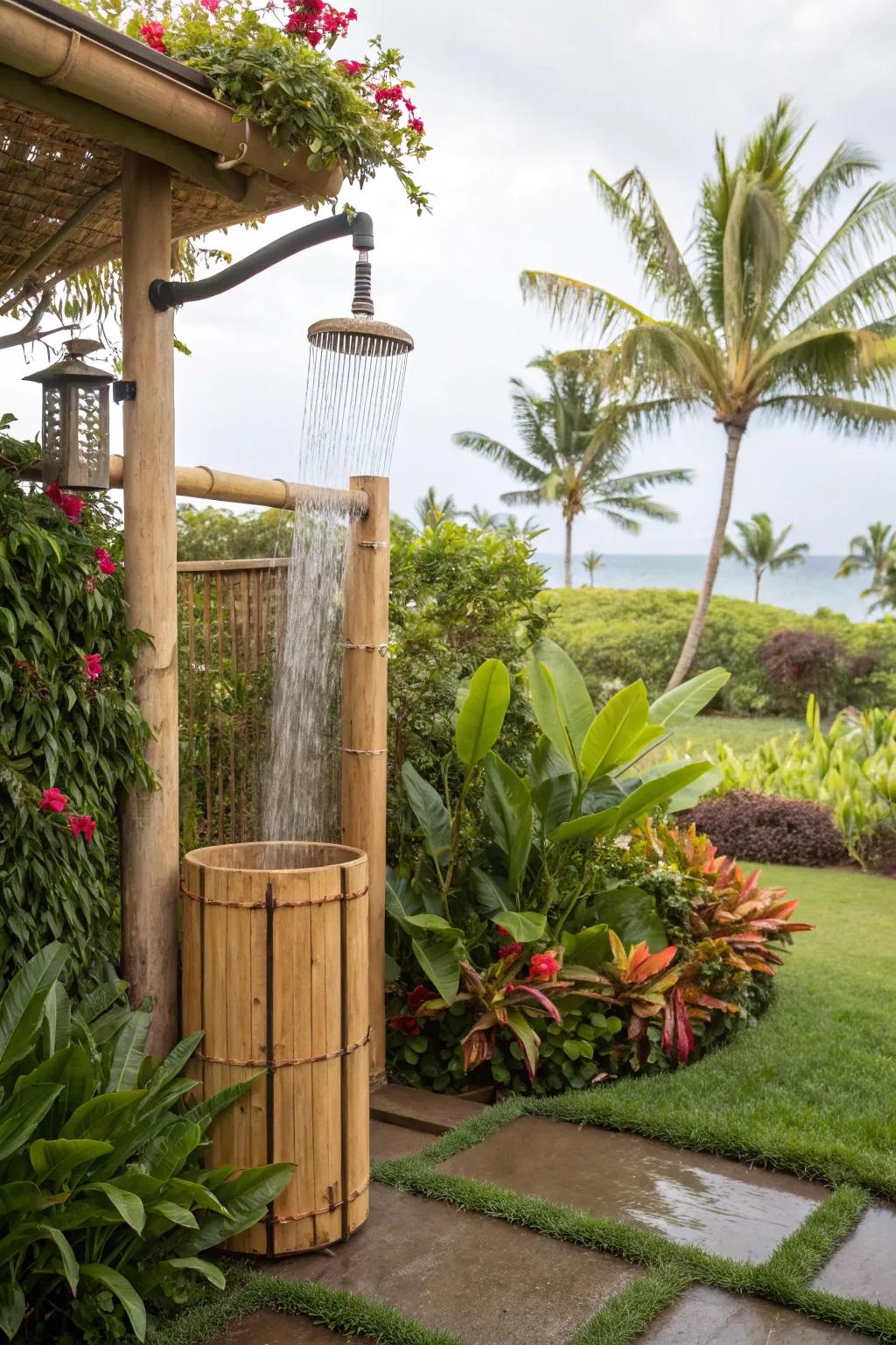 Bamboo accents bring a touch of tropical paradise to your shower.