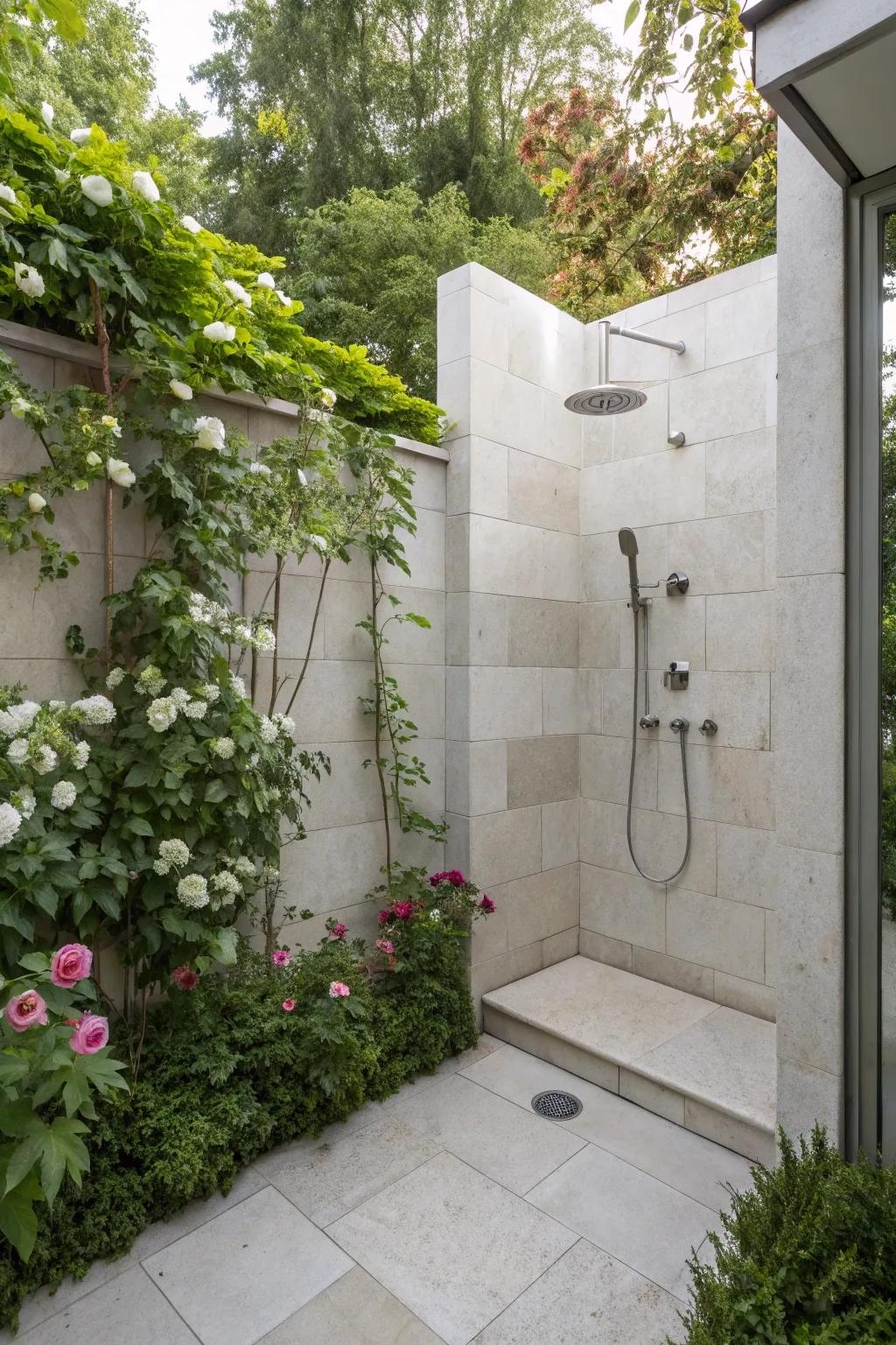 A tranquil outdoor shower with understated limestone tiles.