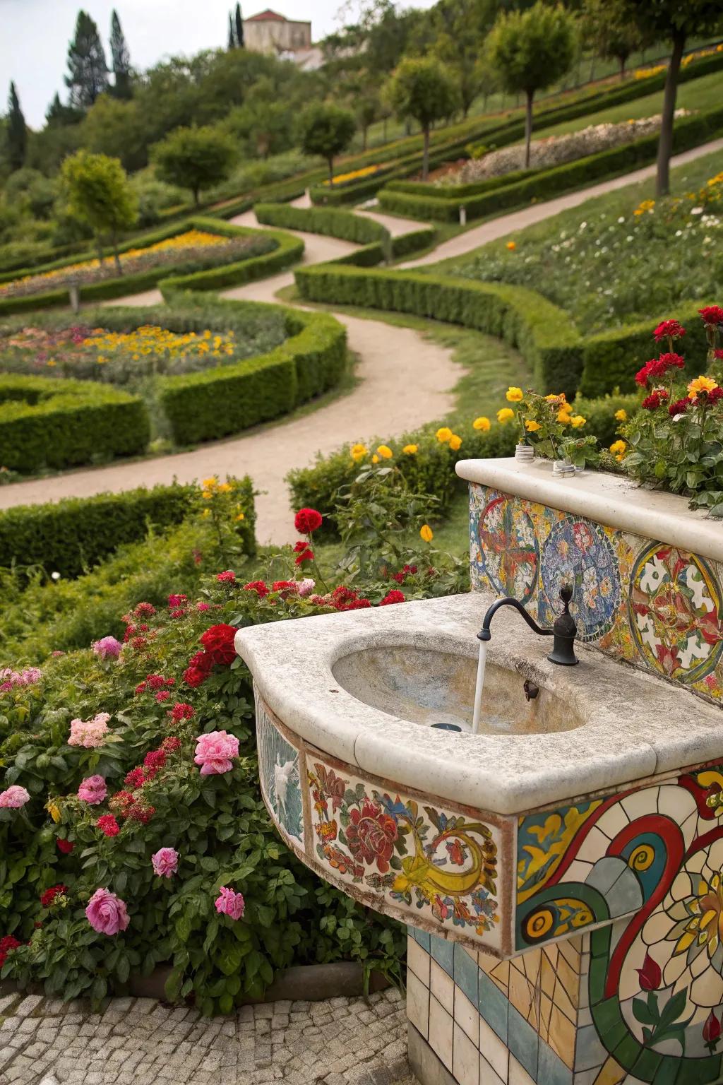 A custom artistic outdoor sink with vibrant mosaic tiles.