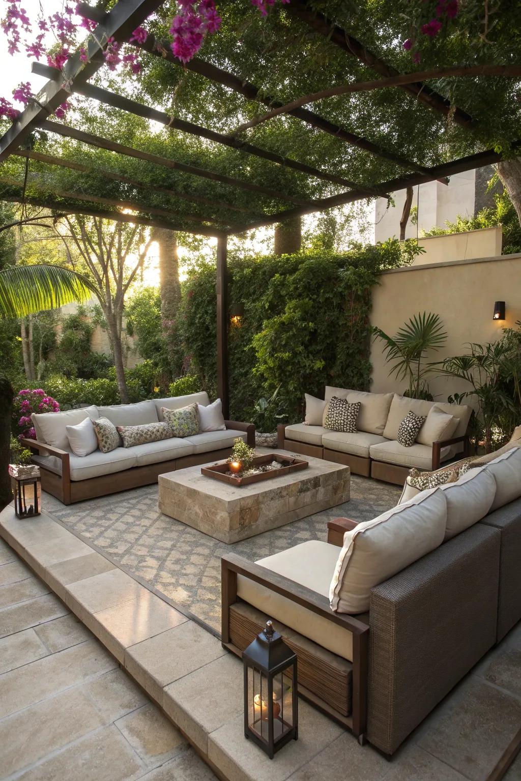 A unique sunken lounge offering a cozy and intimate outdoor setting.