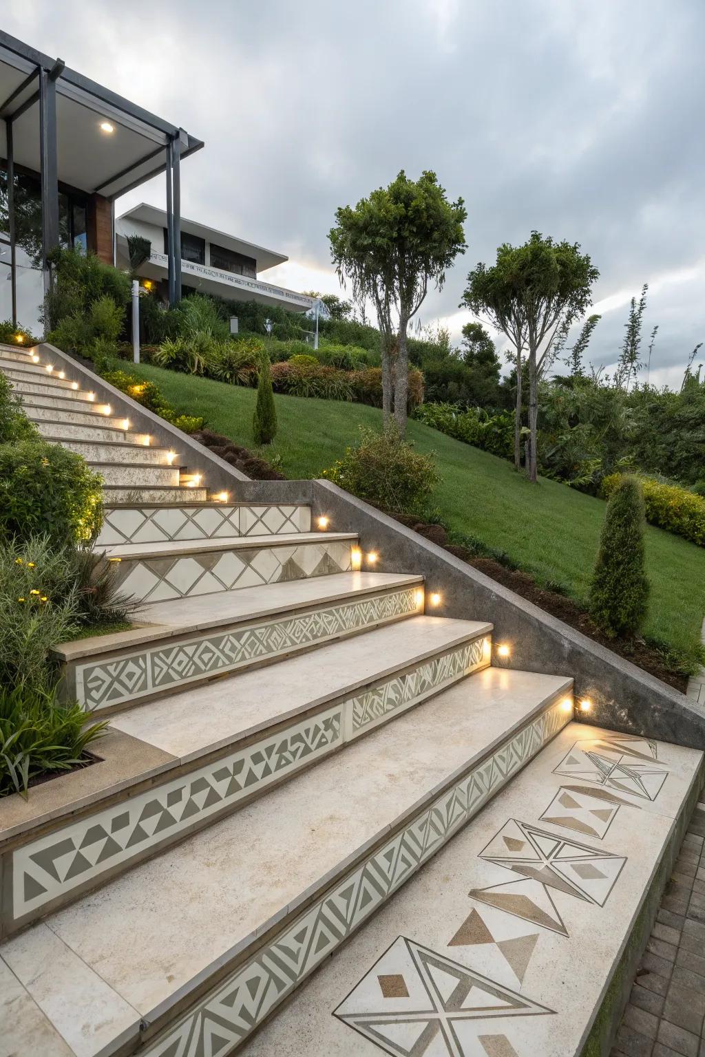 Geometric designs give stair risers a sleek, modern look.
