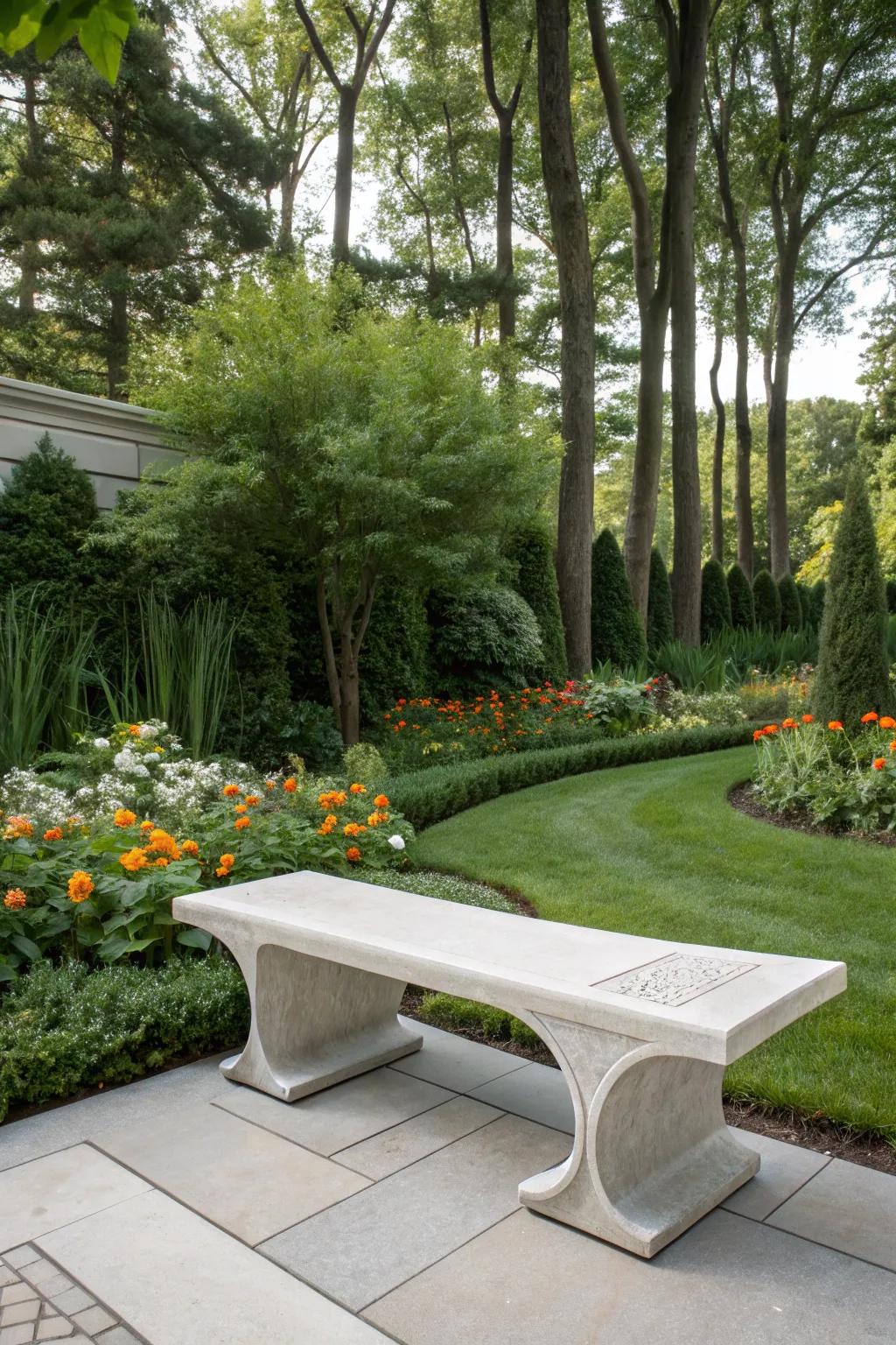 A sculptural stone bench adding an artistic touch.