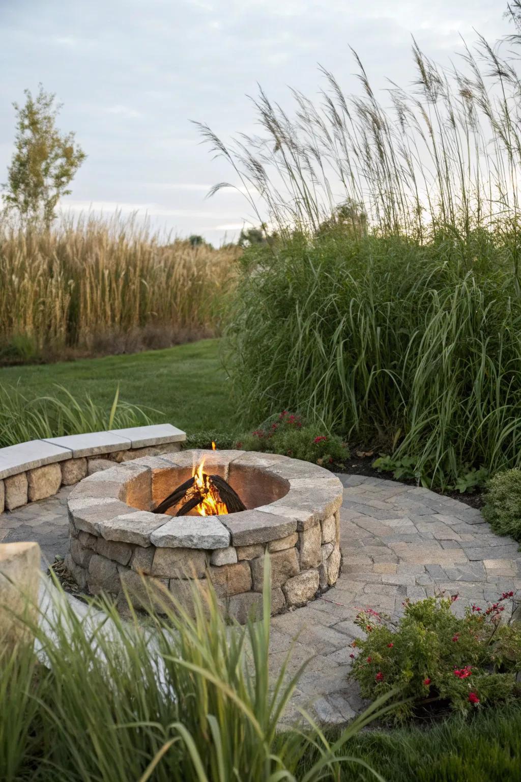 A stone fire pit accompanied by a windbreak for cozy outdoor enjoyment.