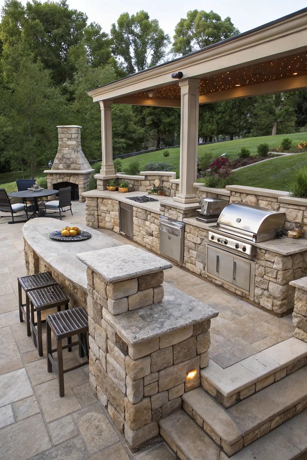 A multi-level stone grilling area for organized outdoor entertaining.