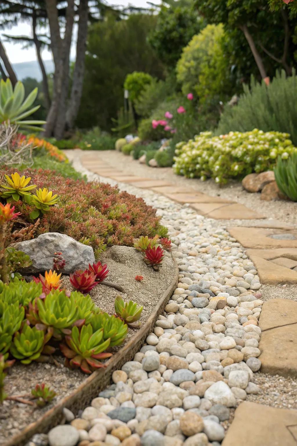 A charming pathway combining pebbles and succulents for a textured look.