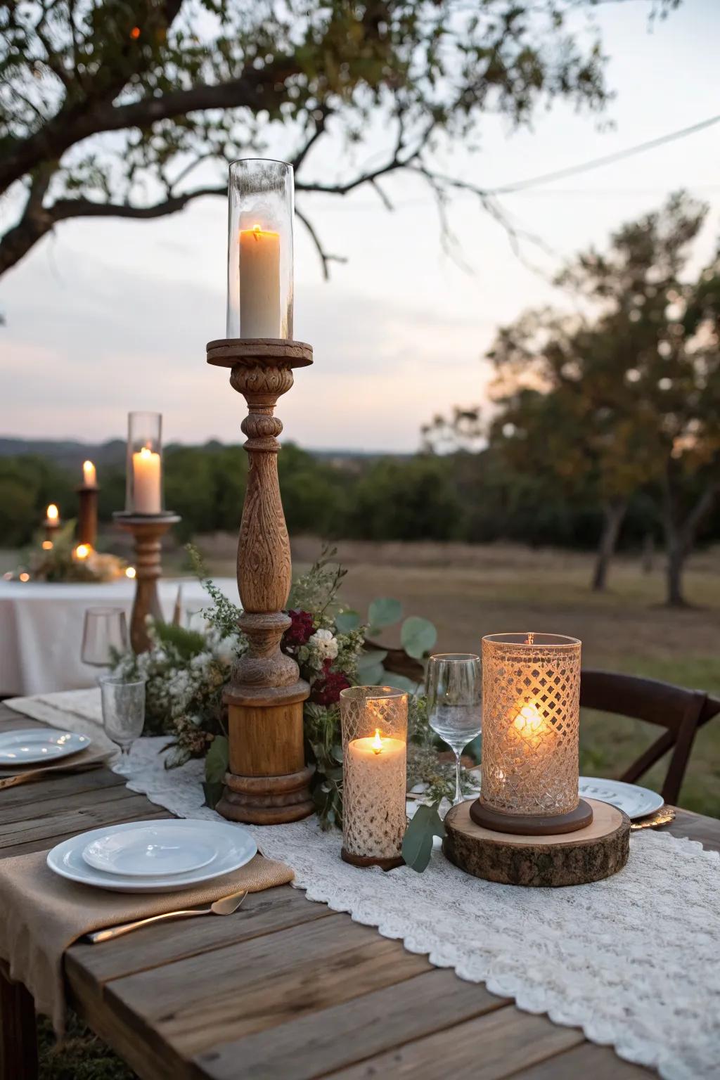 Rustic candle holders add a vintage touch to outdoor settings.