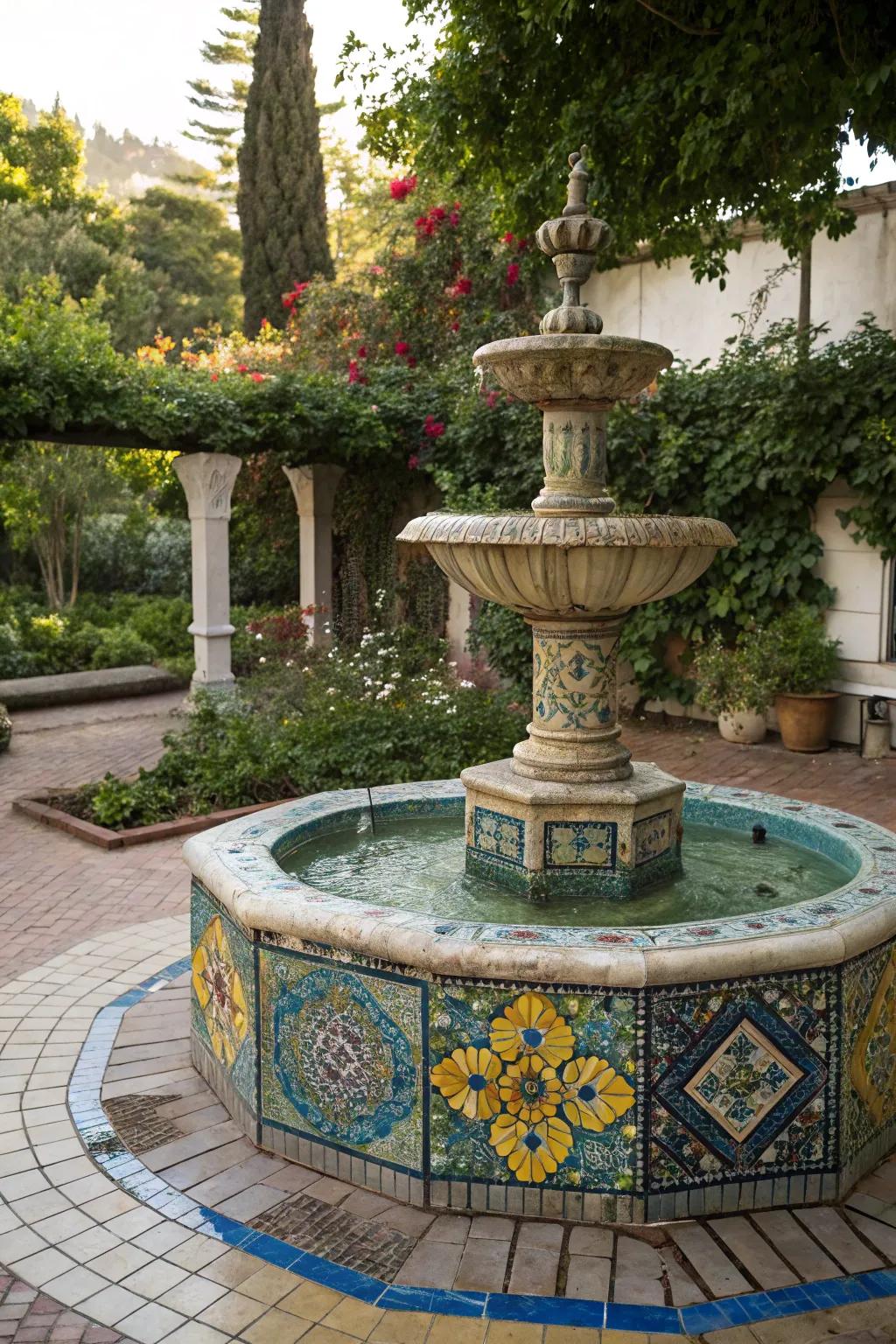 Mosaic patterns add an artistic touch to garden features.