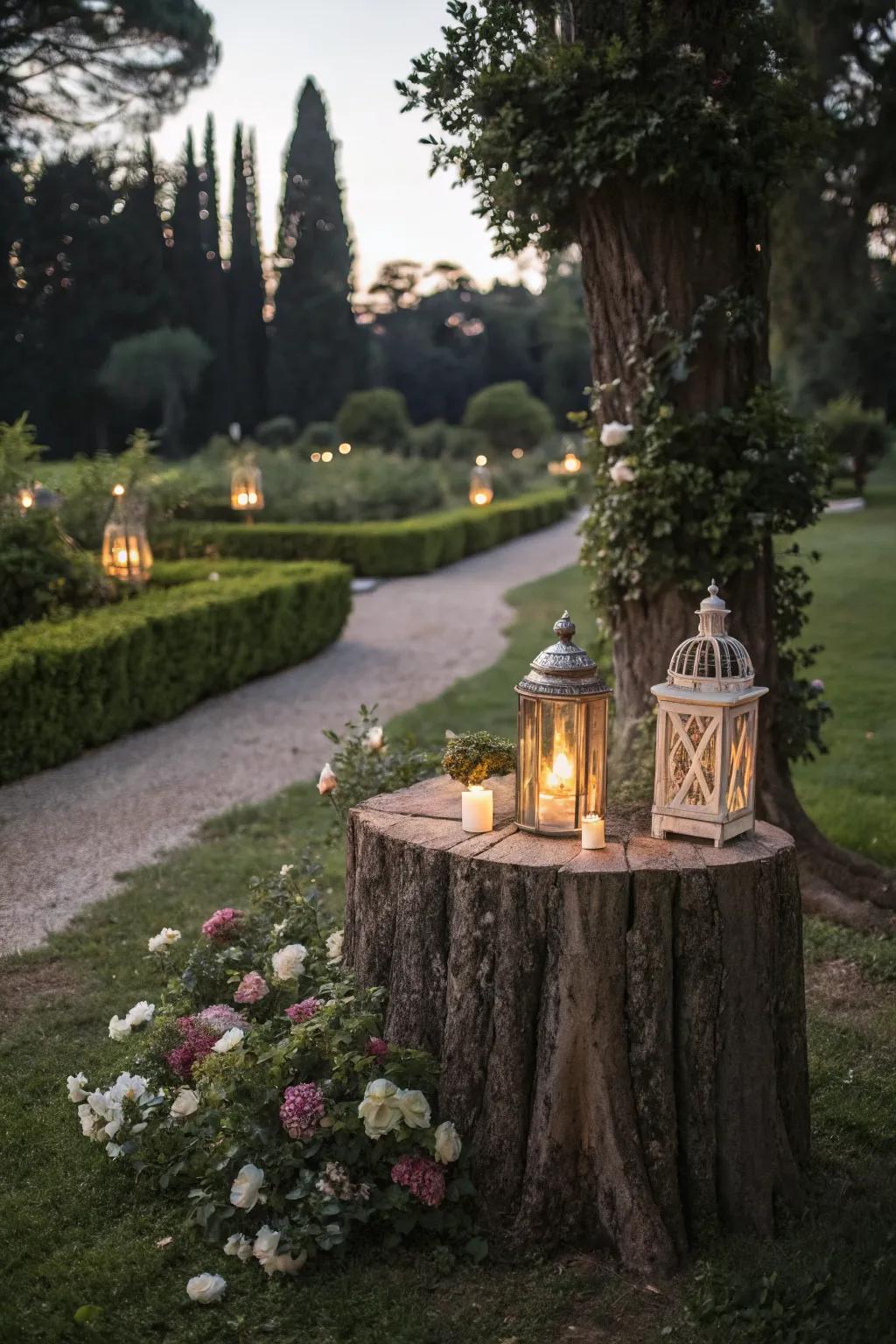 A tree stump table with lanterns, adding a warm glow to the garden.