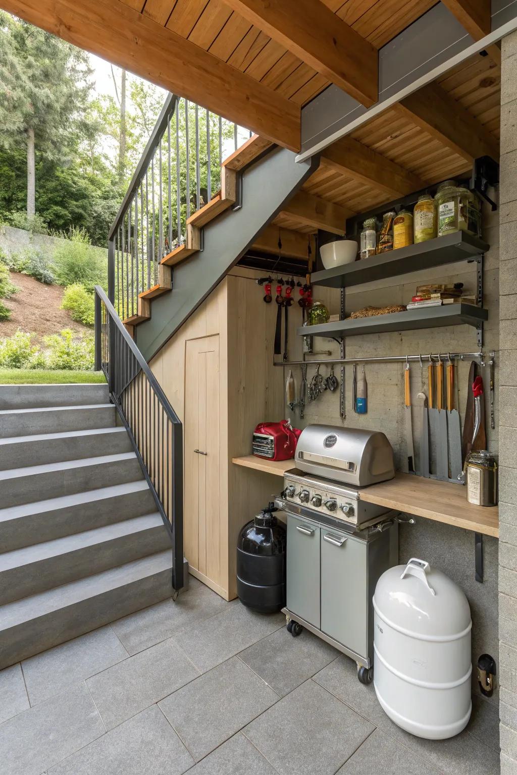 Keep your BBQ essentials neatly stored under the stairs.