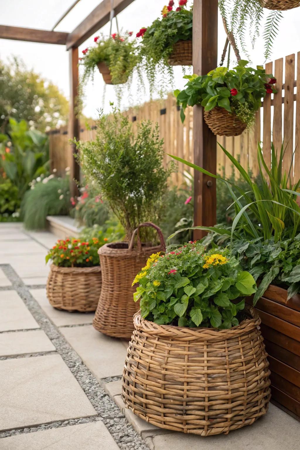 Bohemian woven baskets adding a laid-back vibe to the garden.
