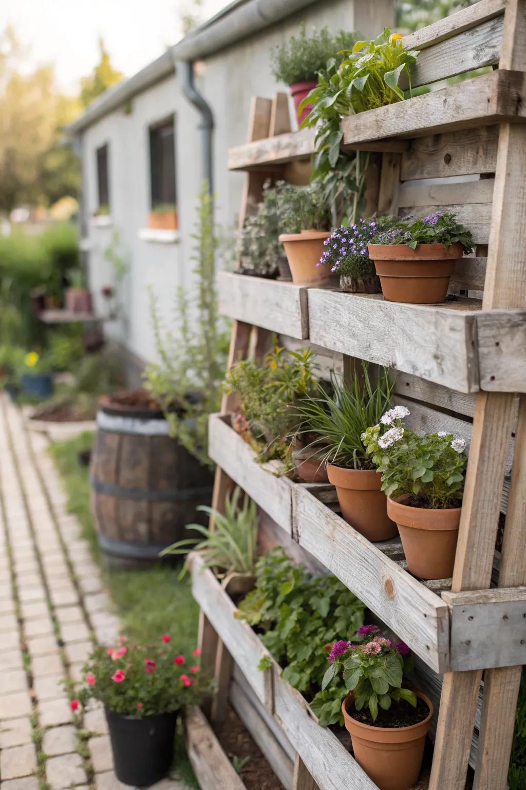 DIY pallet shelves offer budget-friendly outdoor storage.
