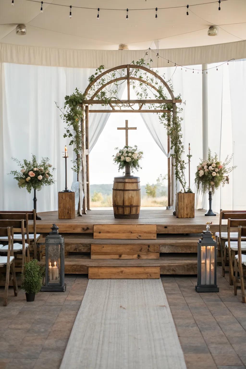 A modern rustic altar blends sleek lines with natural materials.