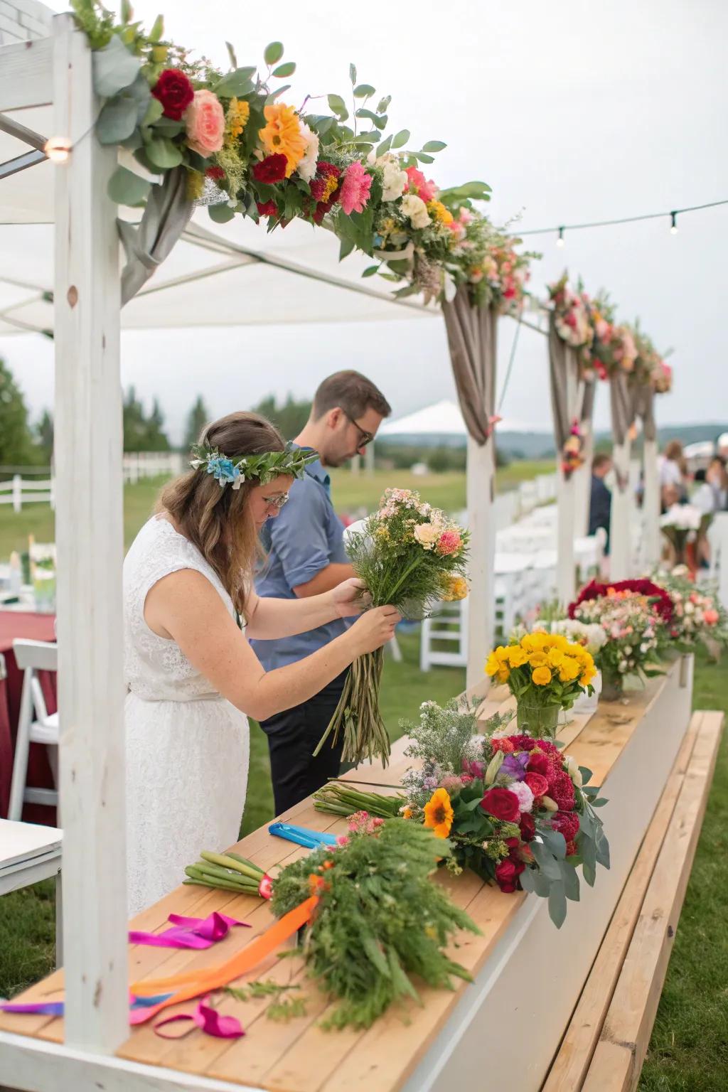 A DIY flower bar allowing guests to craft their own bouquets at an outdoor wedding.
