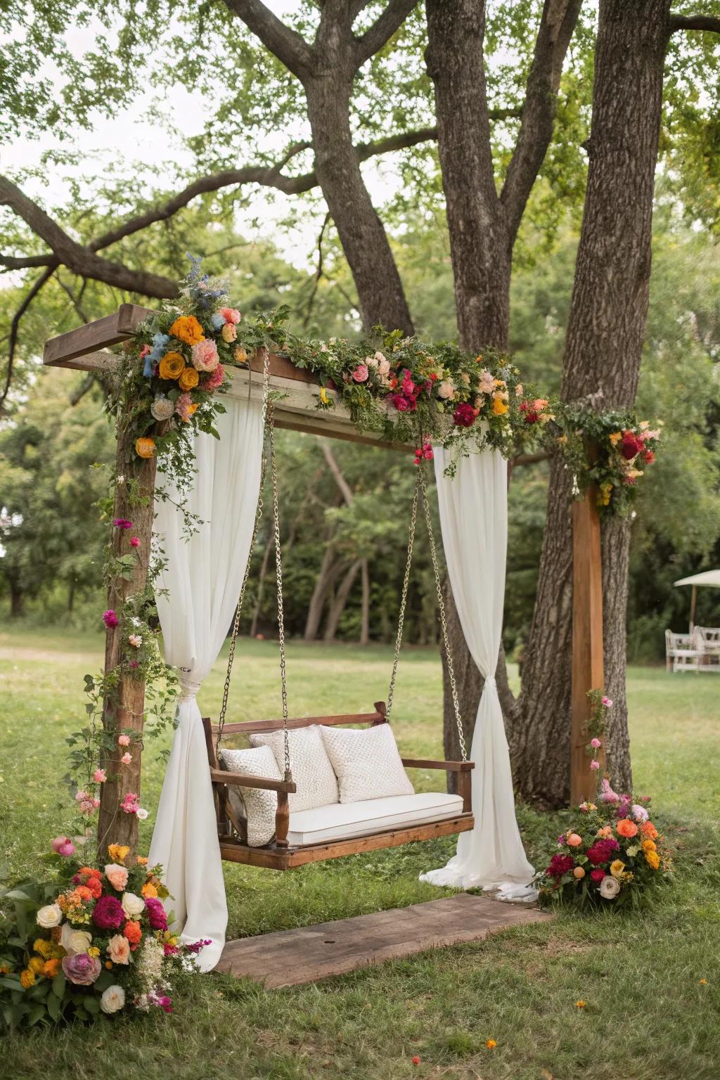 A garden swing adds whimsical charm to your wedding photos.