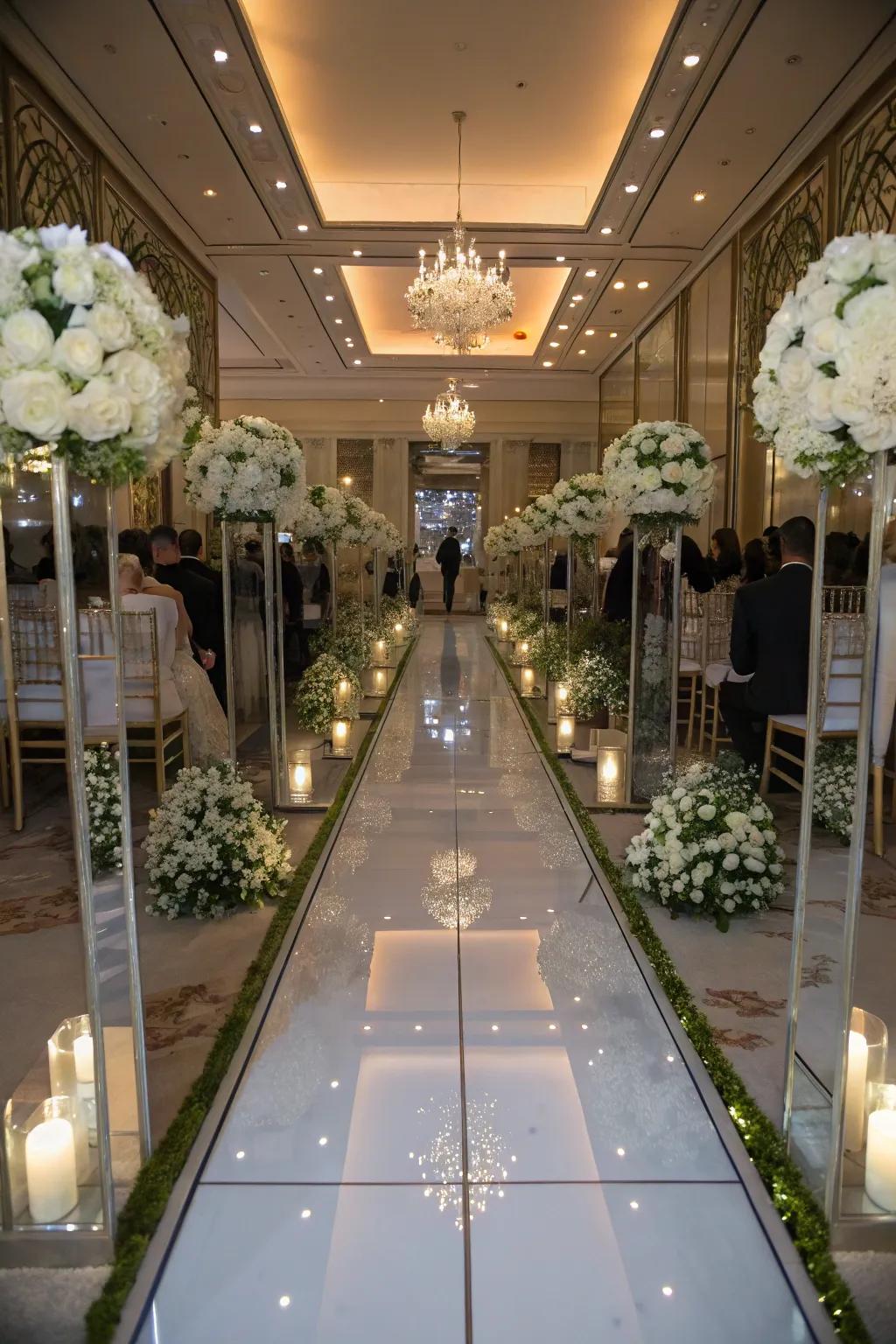 Mirrored surfaces creating an illusion of space in a wedding aisle