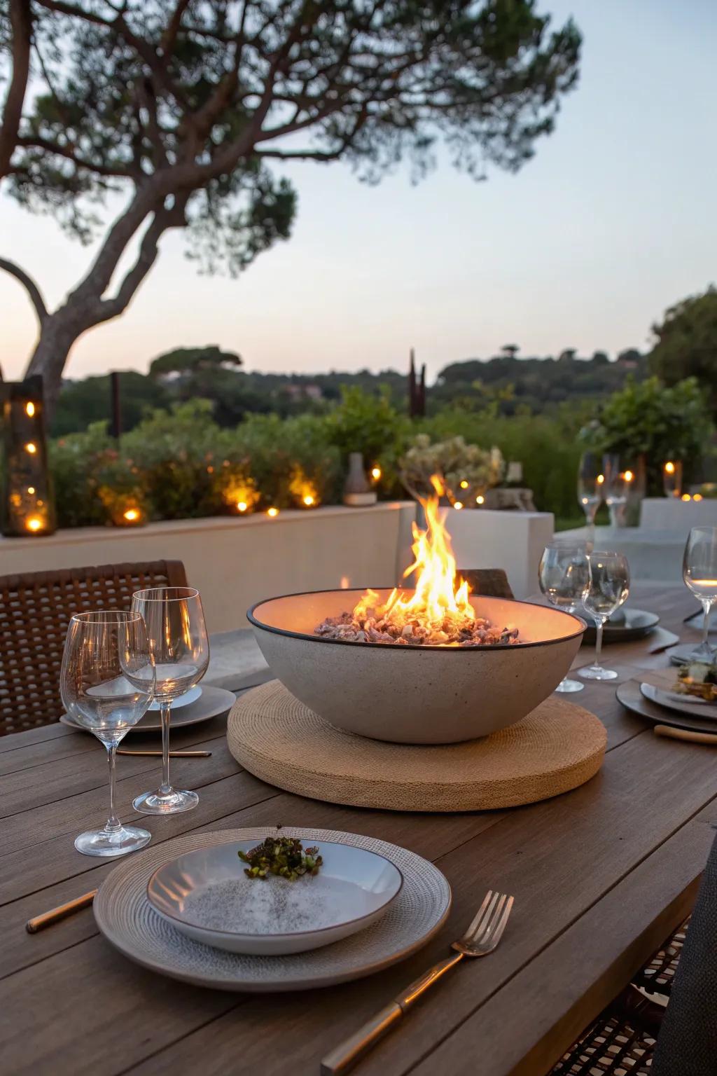 A tabletop fire bowl adds warmth to any meal.