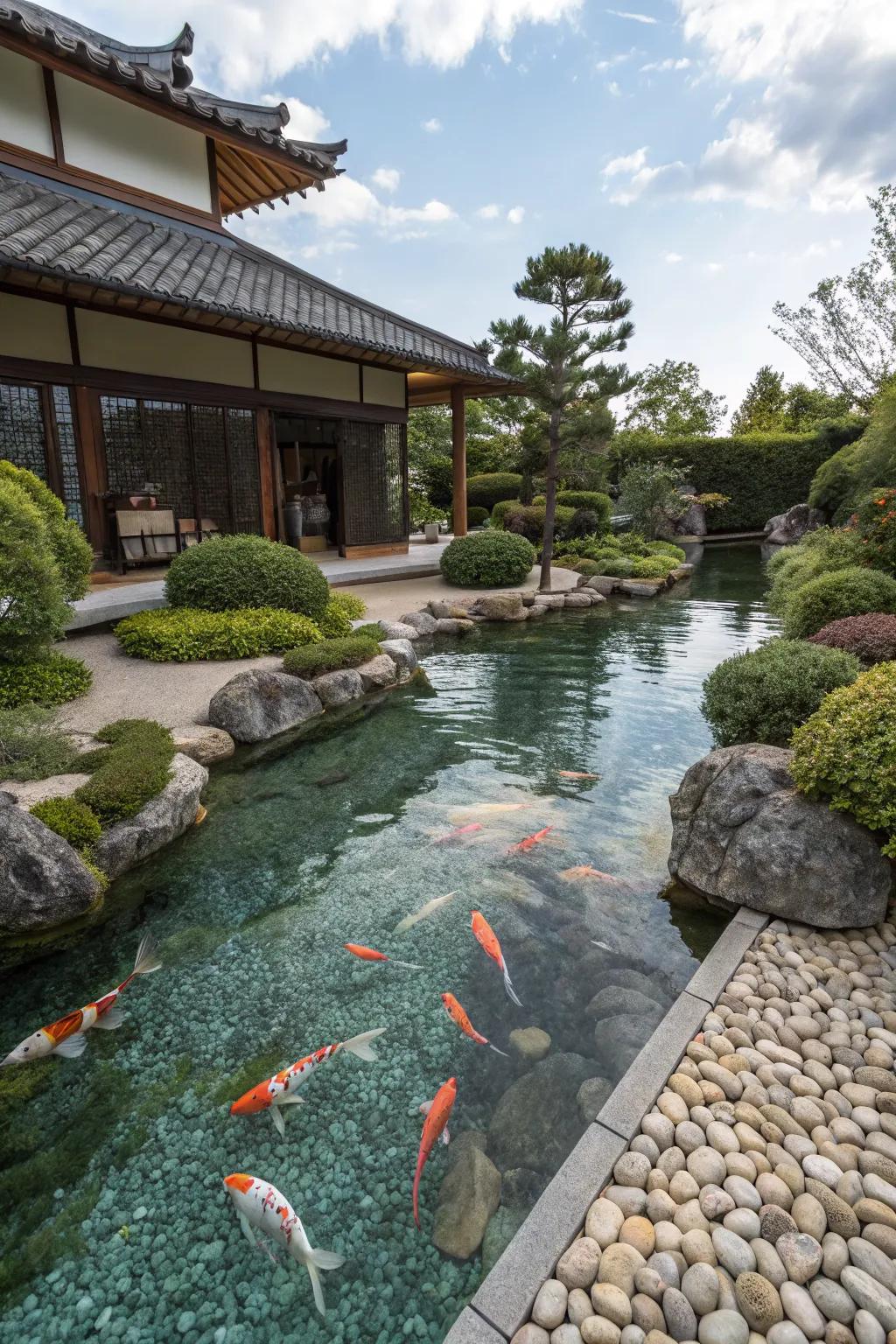 A koi pond adds life and movement to the zen garden