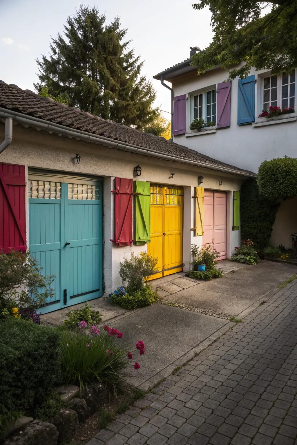 Colorful shutters add a charming touch to your garage windows.