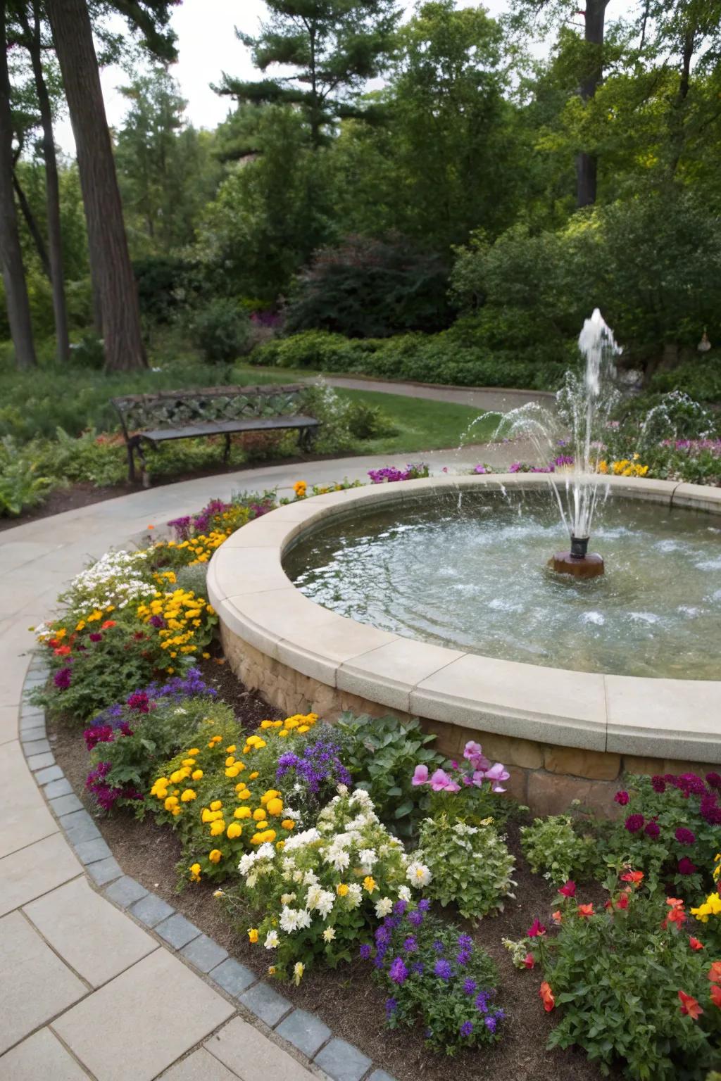 A water feature adds serenity and charm to this garden retreat.