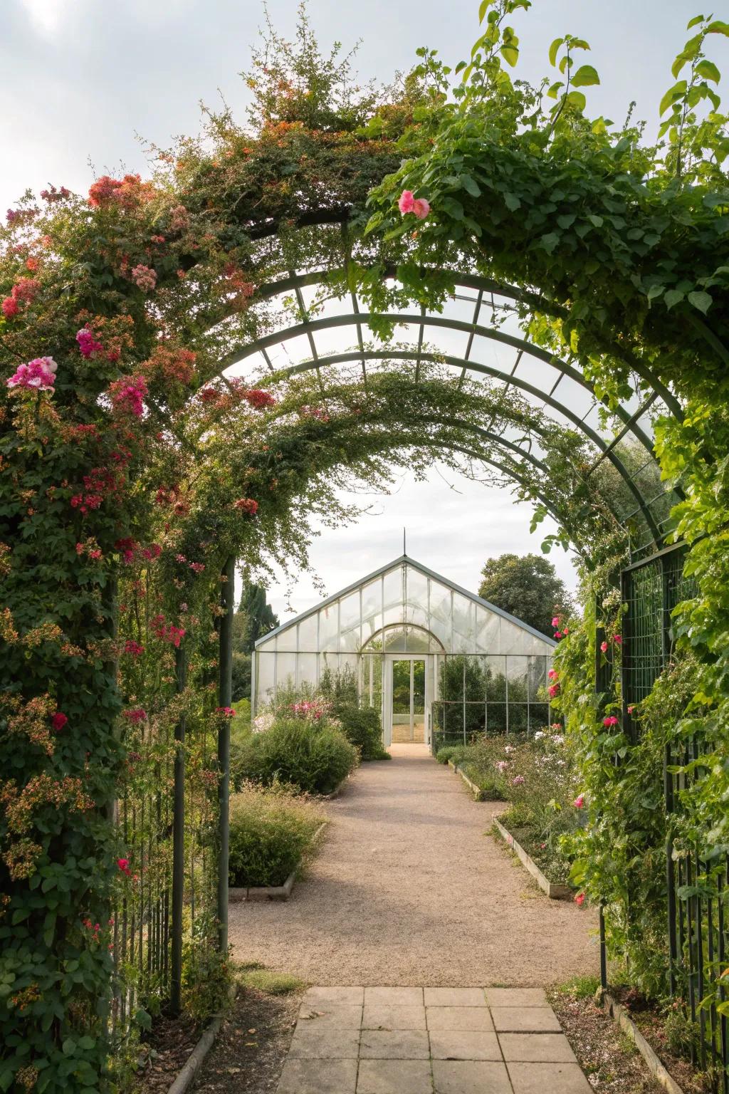 A lush trellis gateway leading into a greenhouse paradise.