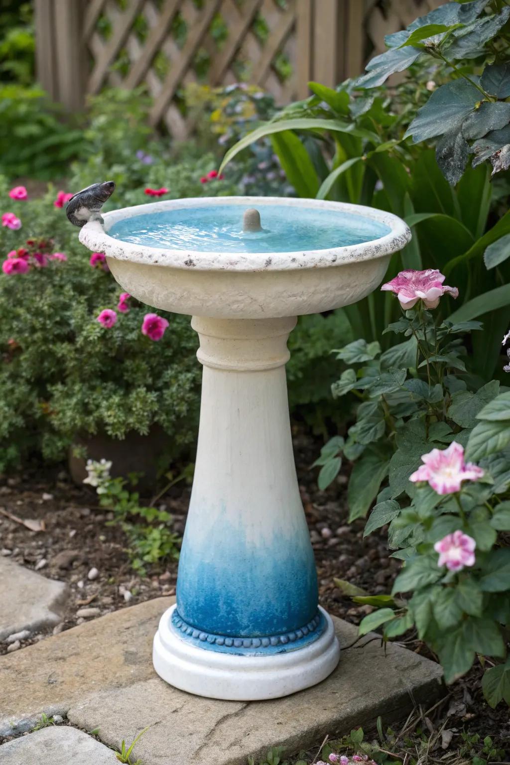 Ombre elegance brings a serene touch to this garden bird bath.
