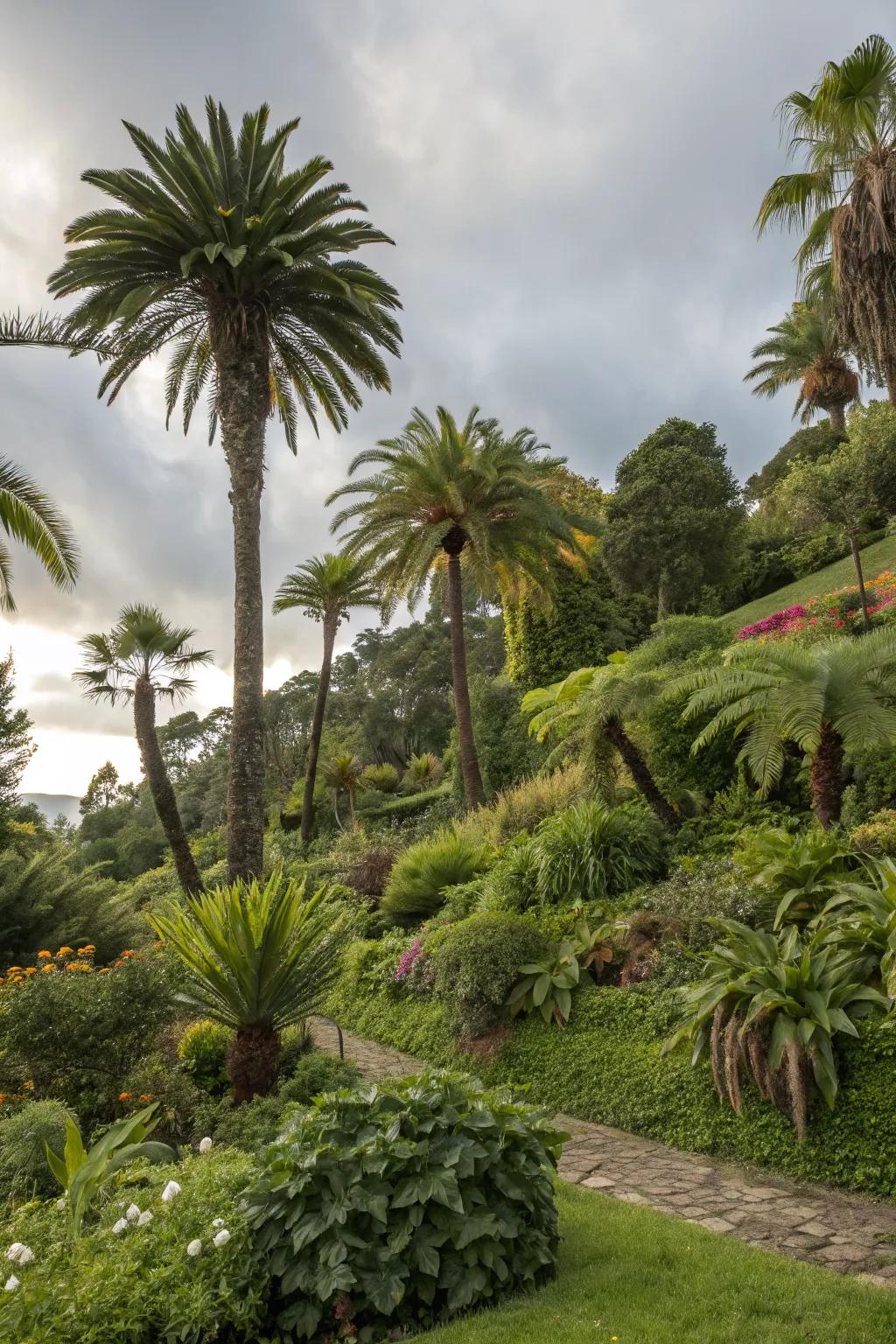 Layered planting with palms for a rich and varied garden.