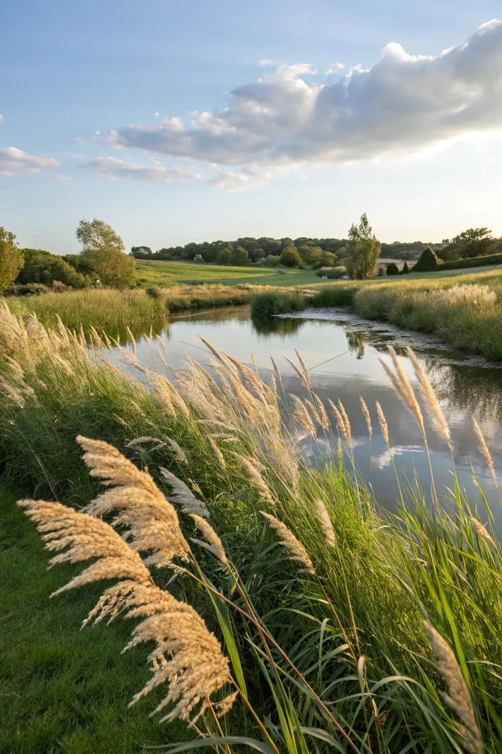 Pampas grass enhances water features with its graceful presence.