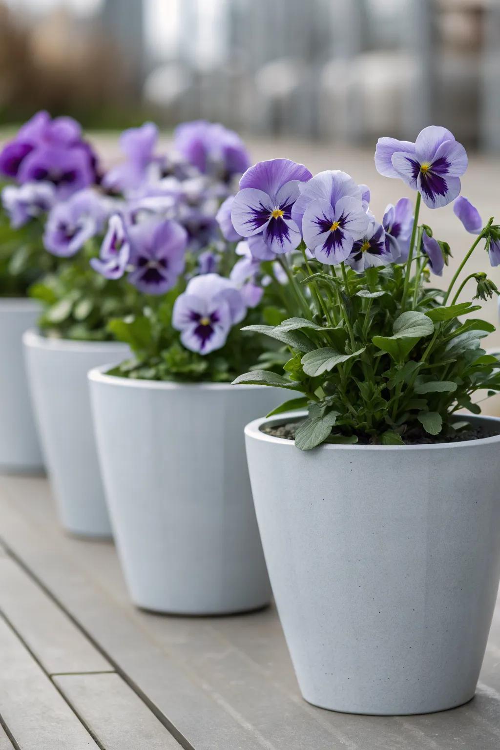 Monochromatic pansies offer a bold statement.