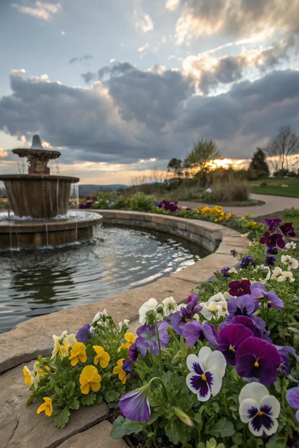 Pansies surrounding a water feature creating a serene garden oasis.