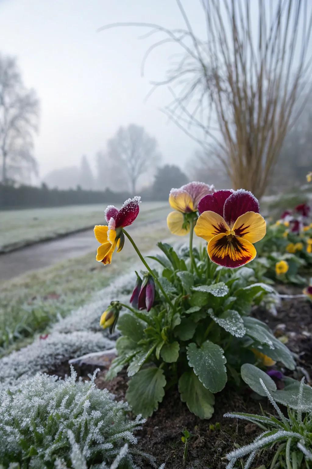 Hardy frost-tolerant pansies blooming in cooler weather.