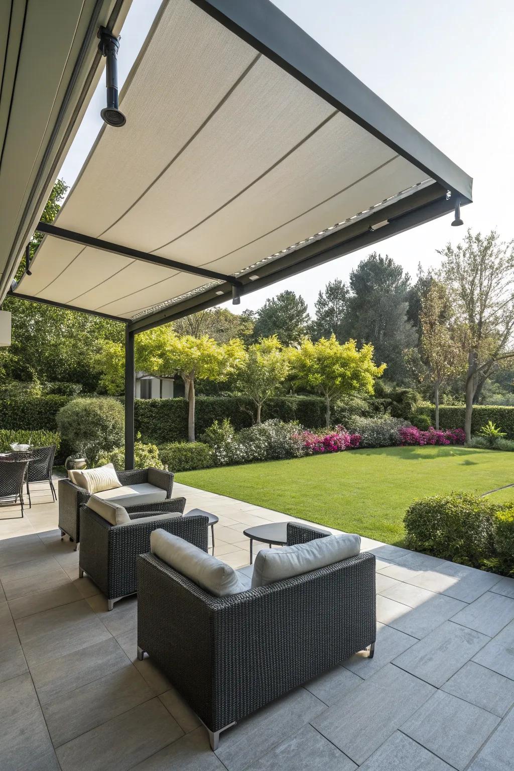 A retractable awning offers convenient shade control.