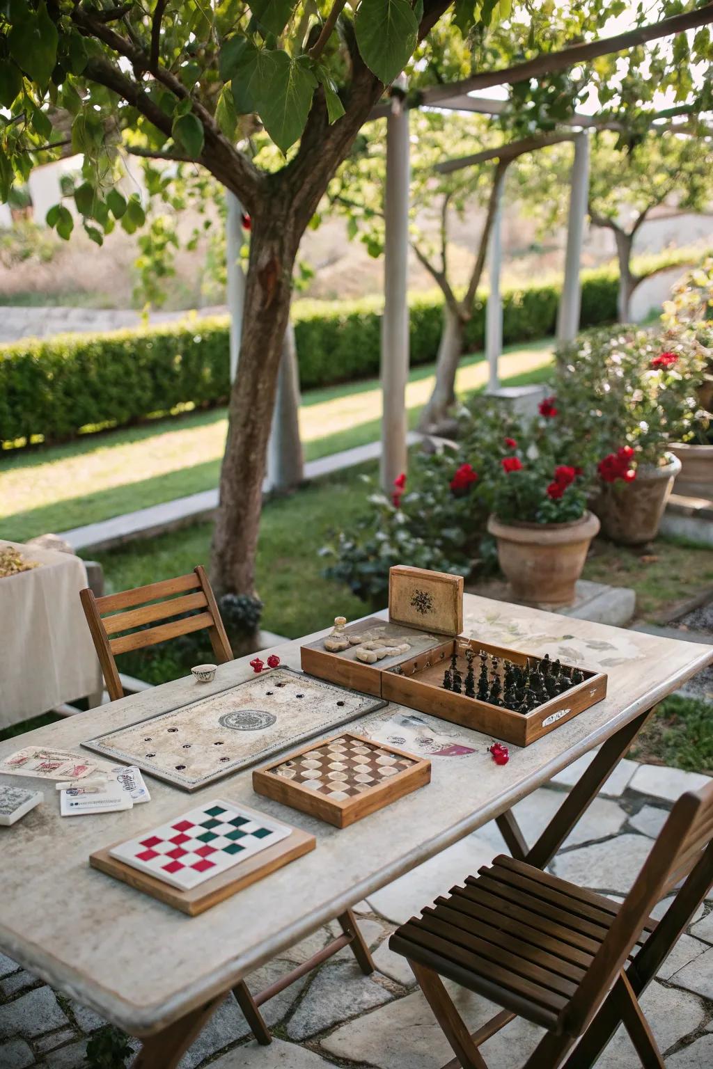 A vintage game corner on the patio, inviting guests to enjoy some classic fun.