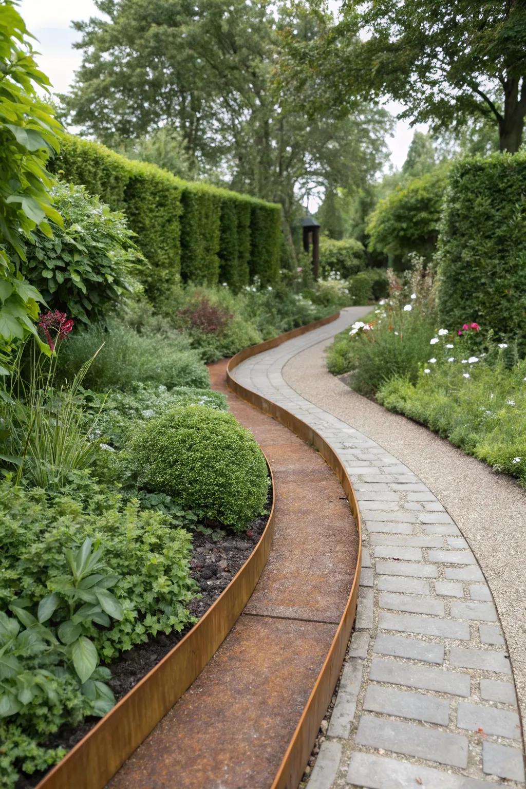 Corten steel adds a modern industrial edge to paths.