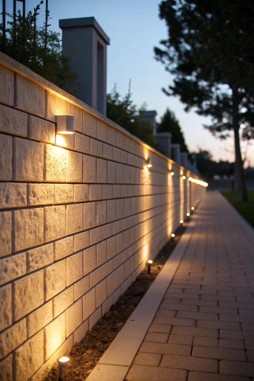 Block wall with integrated lighting, illuminating the patio at night.