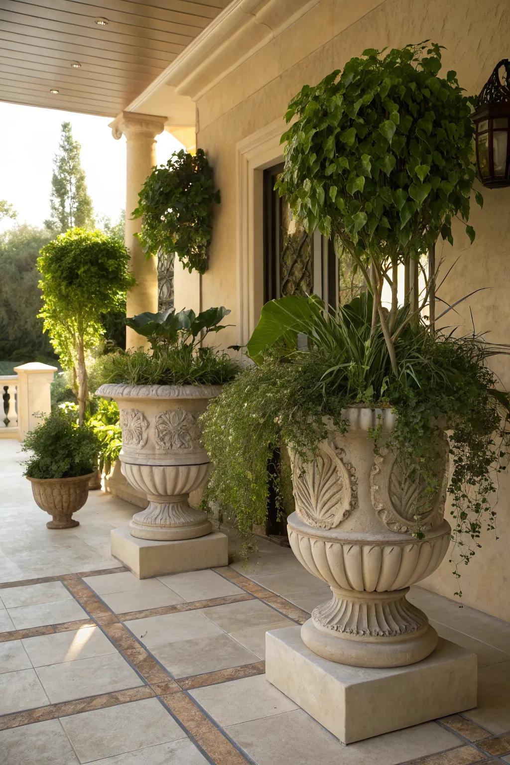 A patio enhanced with large sculptural plants in decorative planters.
