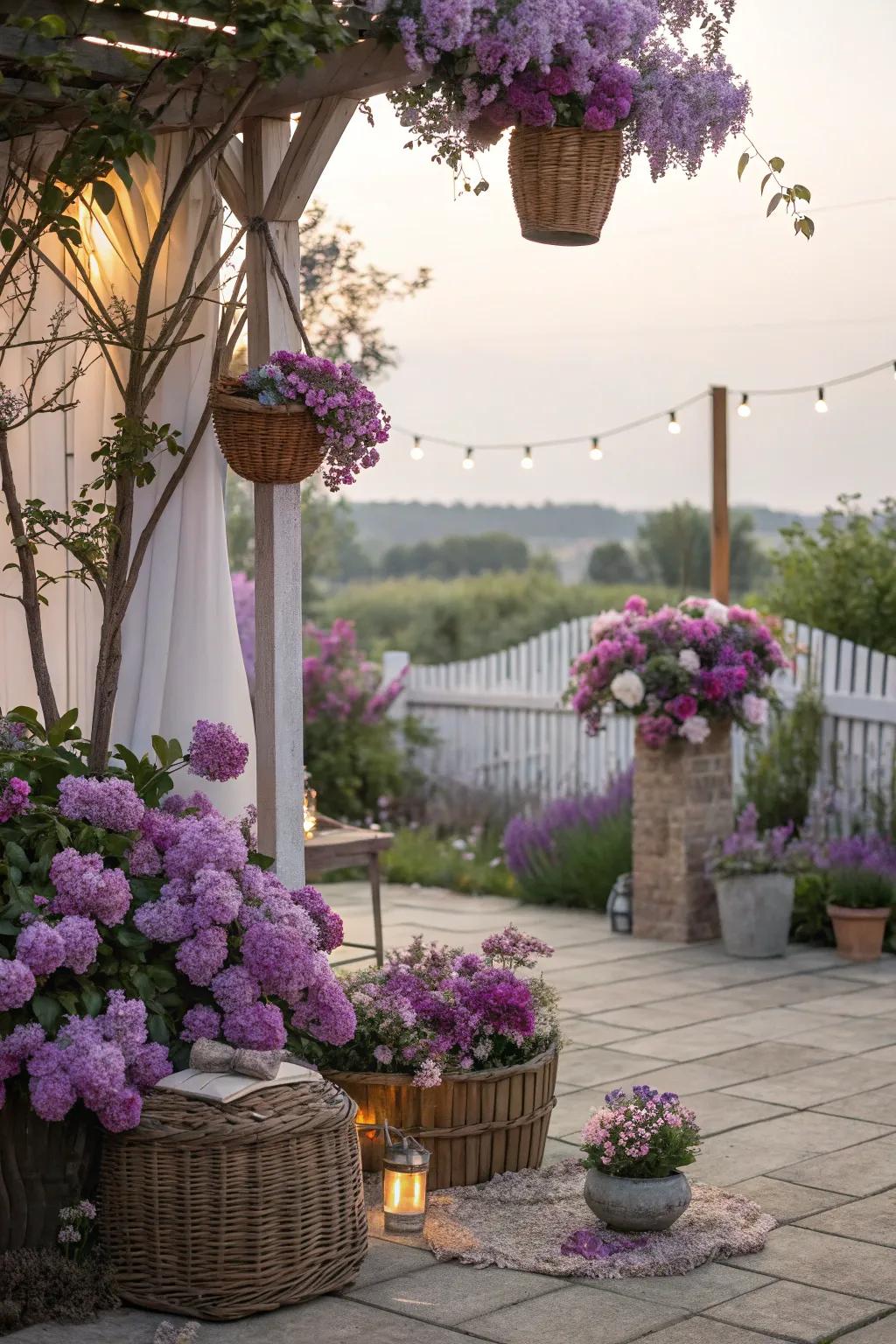 An enchanting patio with lavender and lilac hues, setting a romantic and dreamy scene.