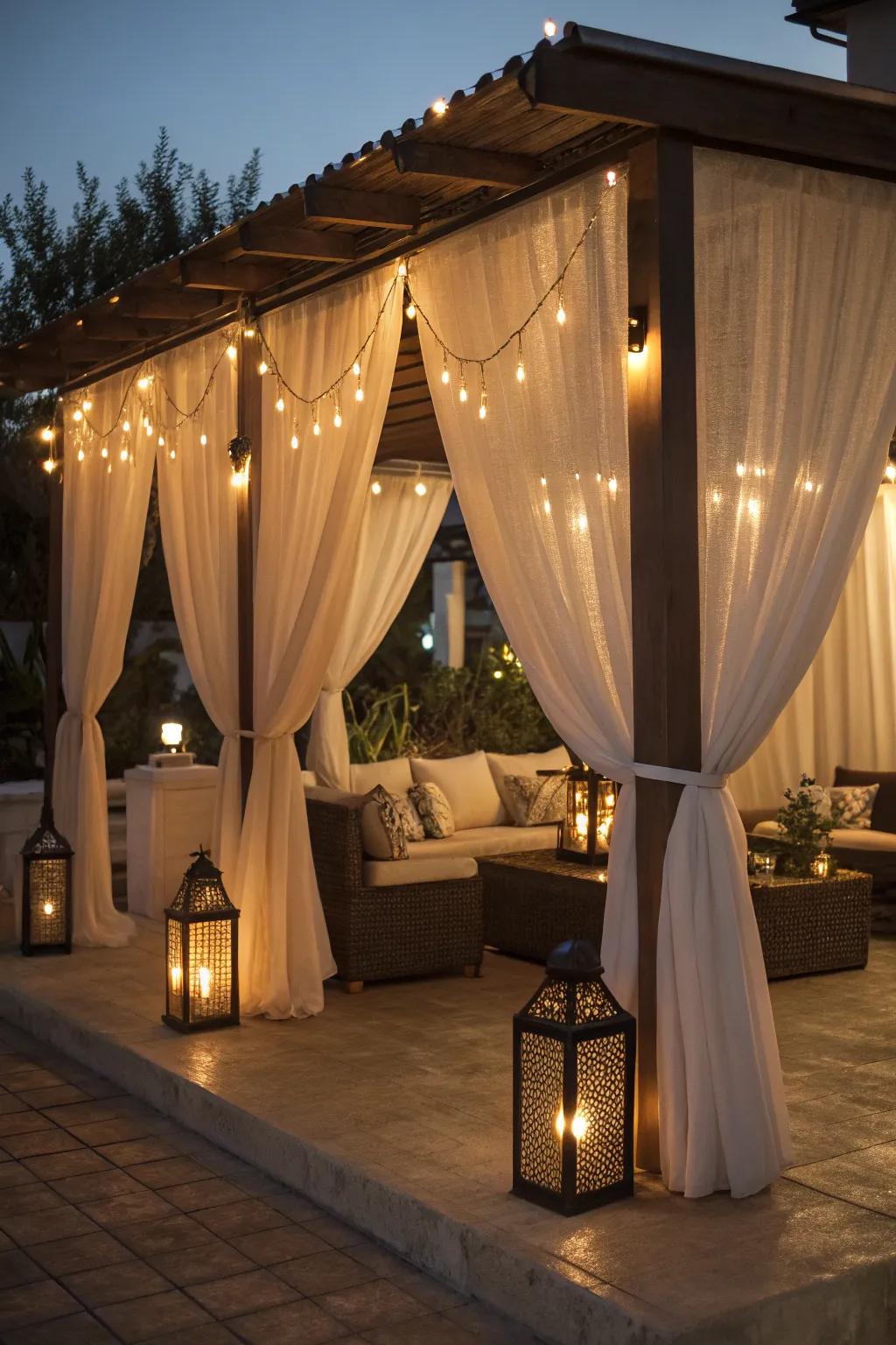 Curtains with integrated lights create a magical evening ambiance.