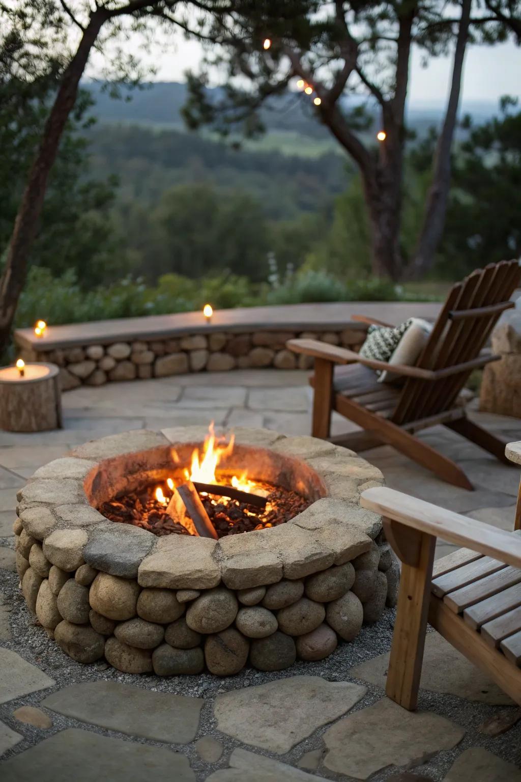A rustic fire pit with natural stone and wood creates a charming outdoor space.