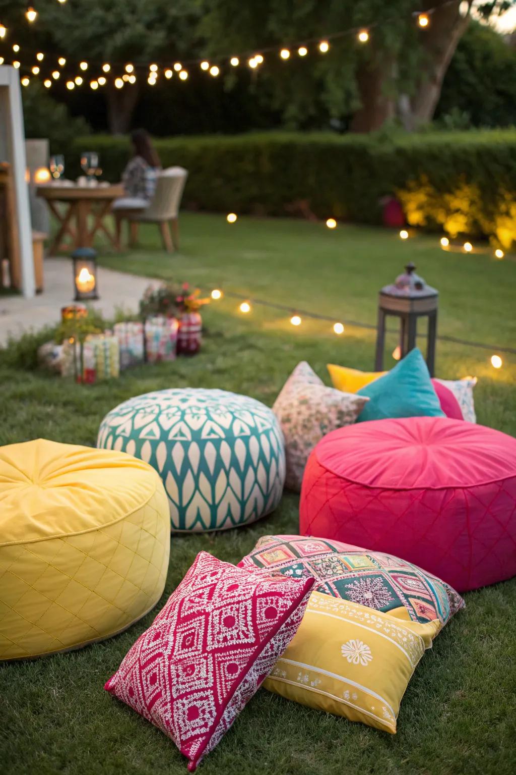 Add versatile seating with colorful outdoor poufs.