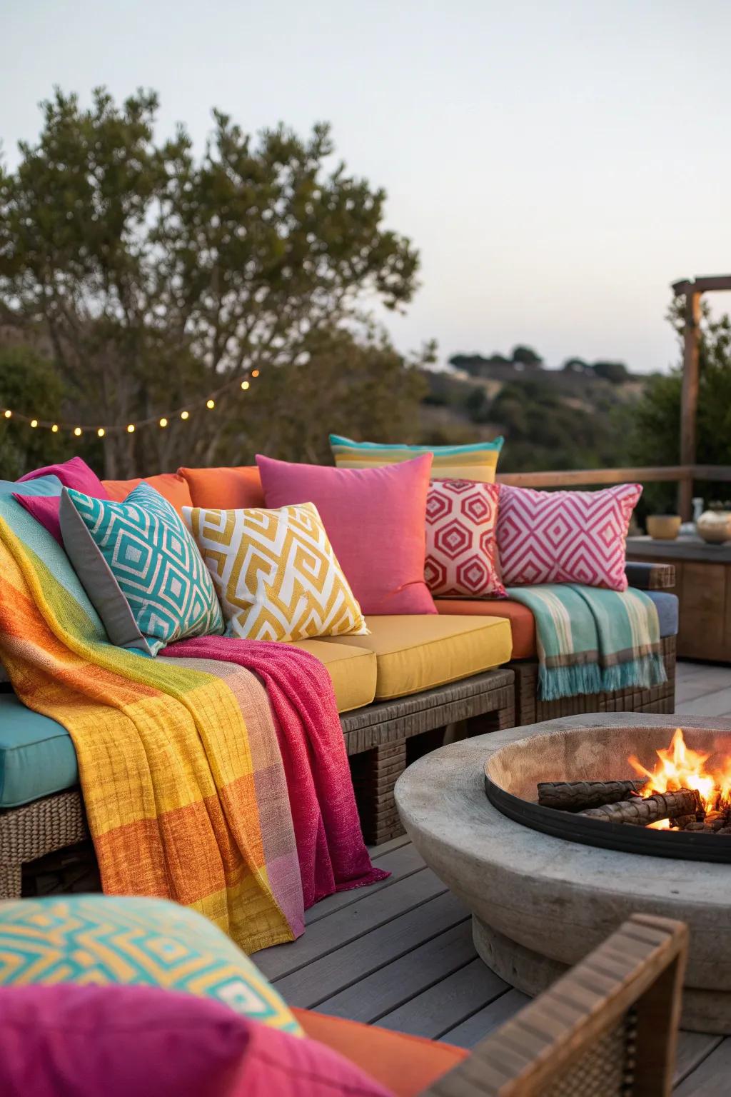 Bright cushions add a pop of color to a fire pit setting.