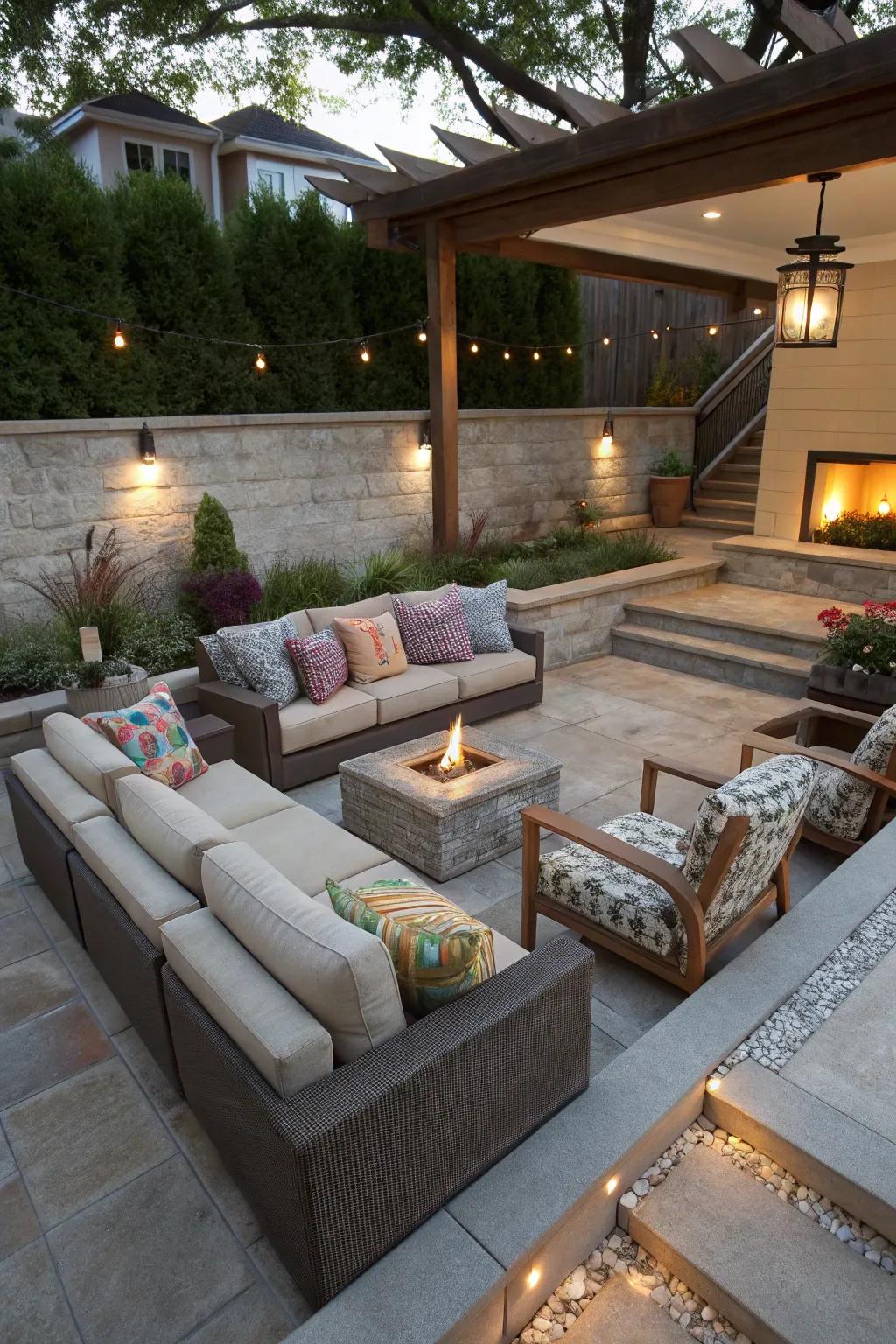 A cozy sunken lounge area that adds depth to the patio.