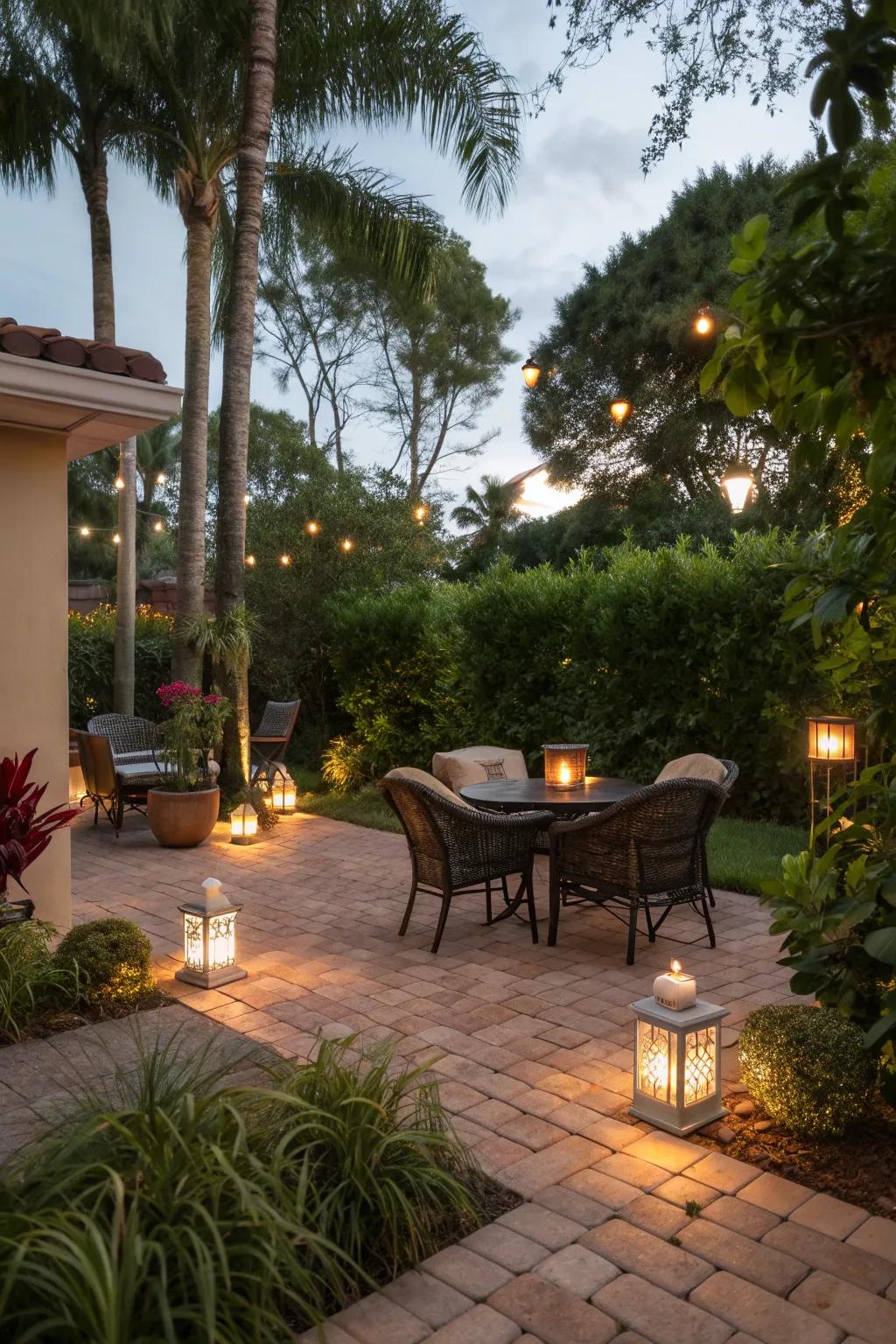 An eco-friendly patio with solar lights and recycled decor.