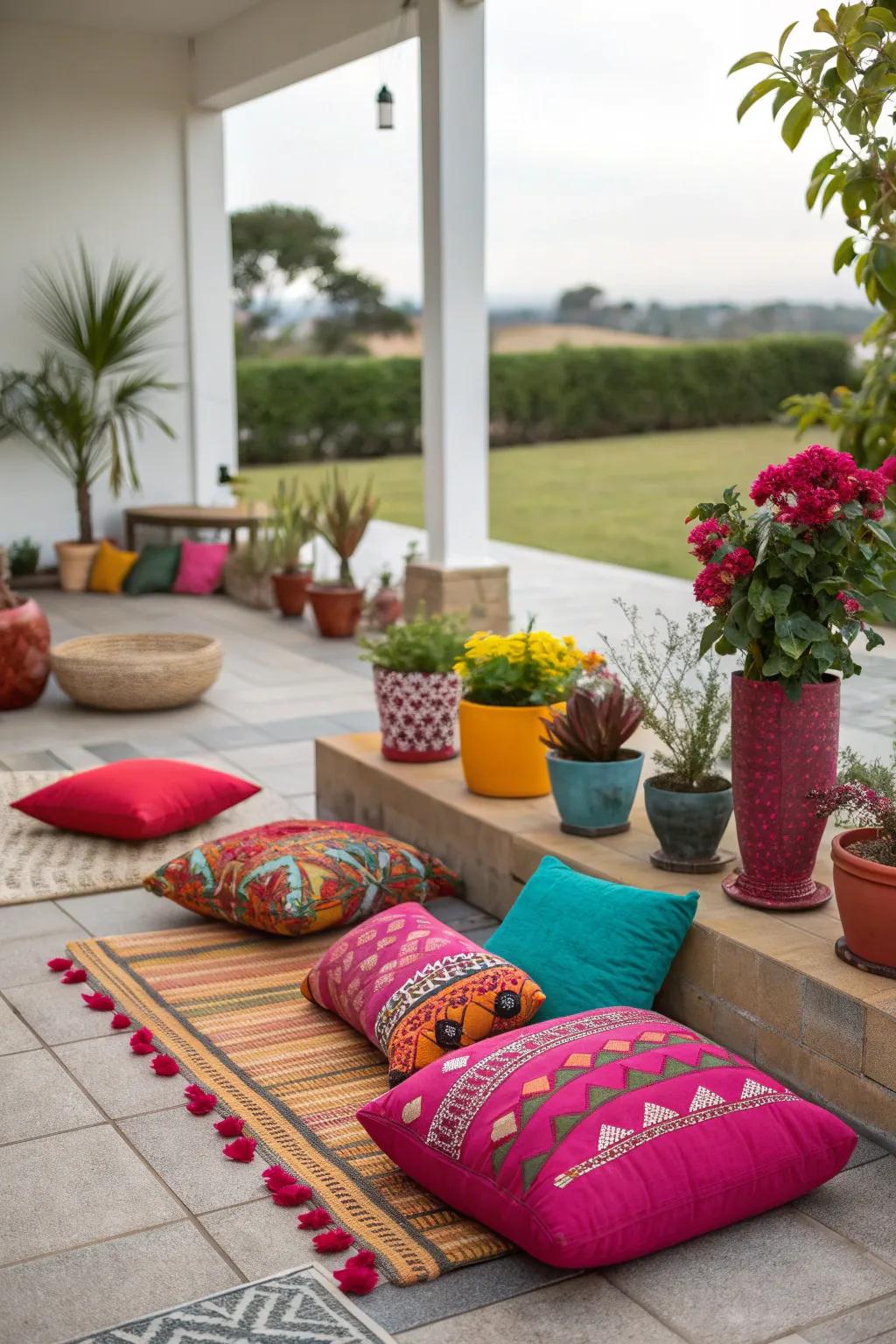 Bold colors enlivening the patio space.