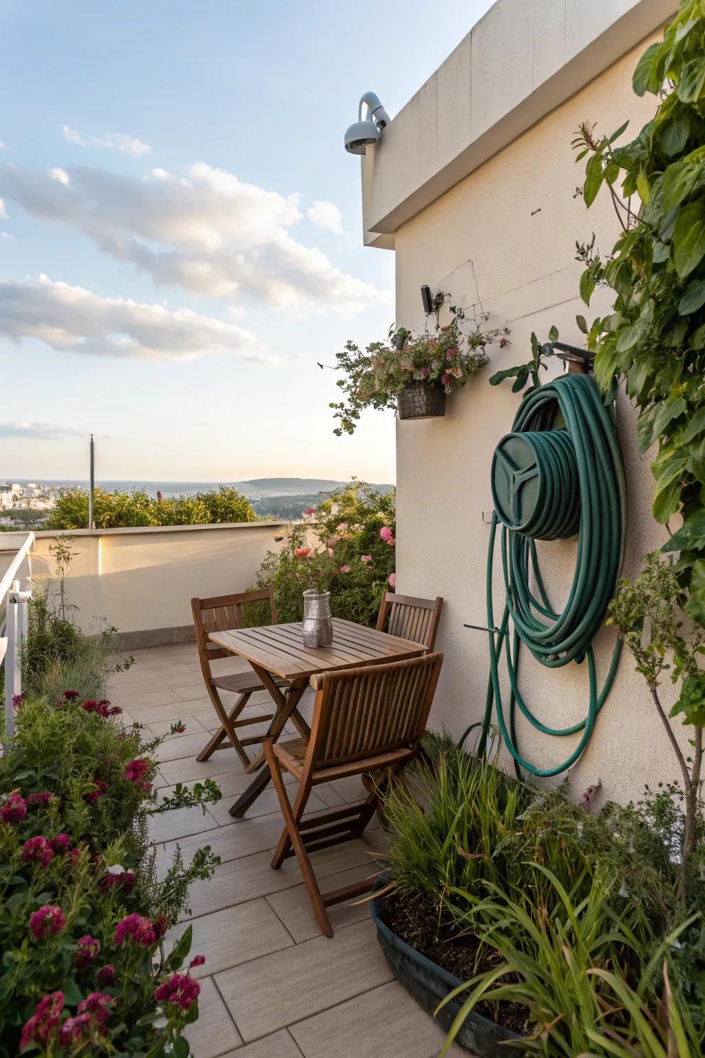 A hose reel keeps the garden hose tidy and accessible.