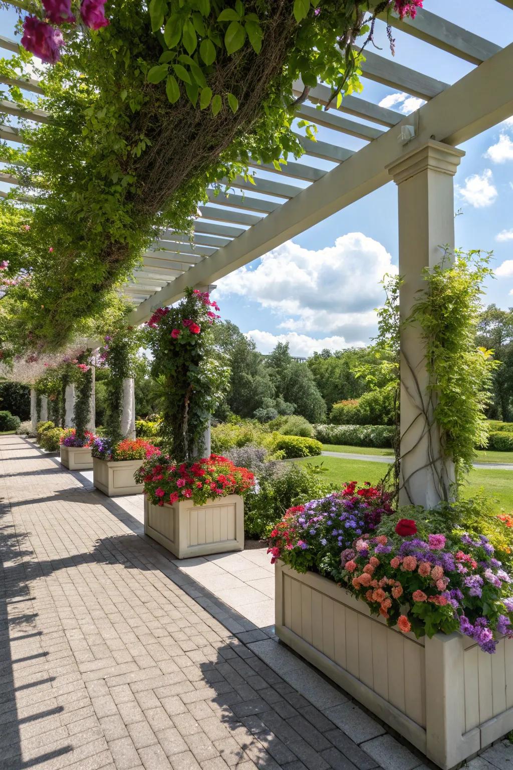 Built-in planters add vibrant life to your pergola.