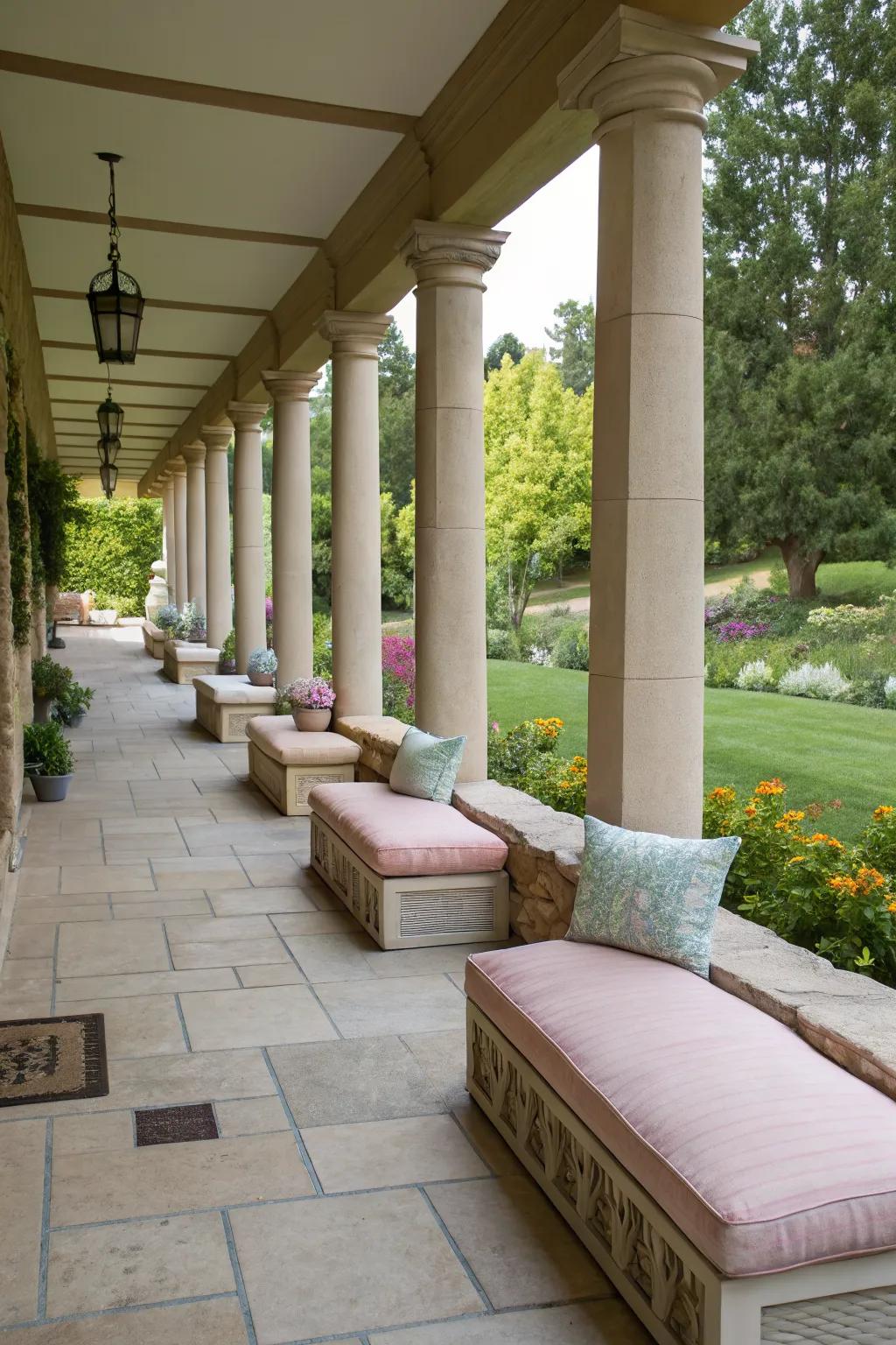 Built-in benches on pillars offer functional seating.