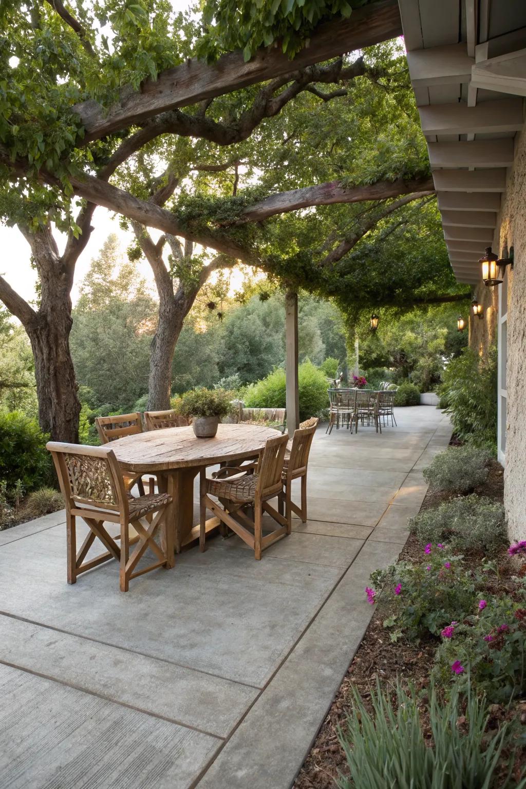 A patio with a wood-look concrete finish, offering warmth and durability.