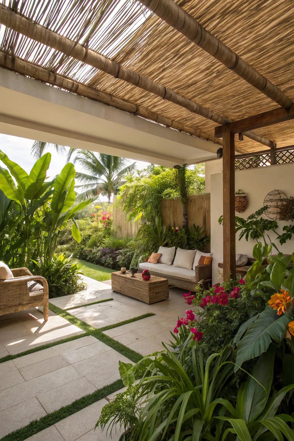 Bamboo and reed covers bring a tropical, relaxed vibe to patios.