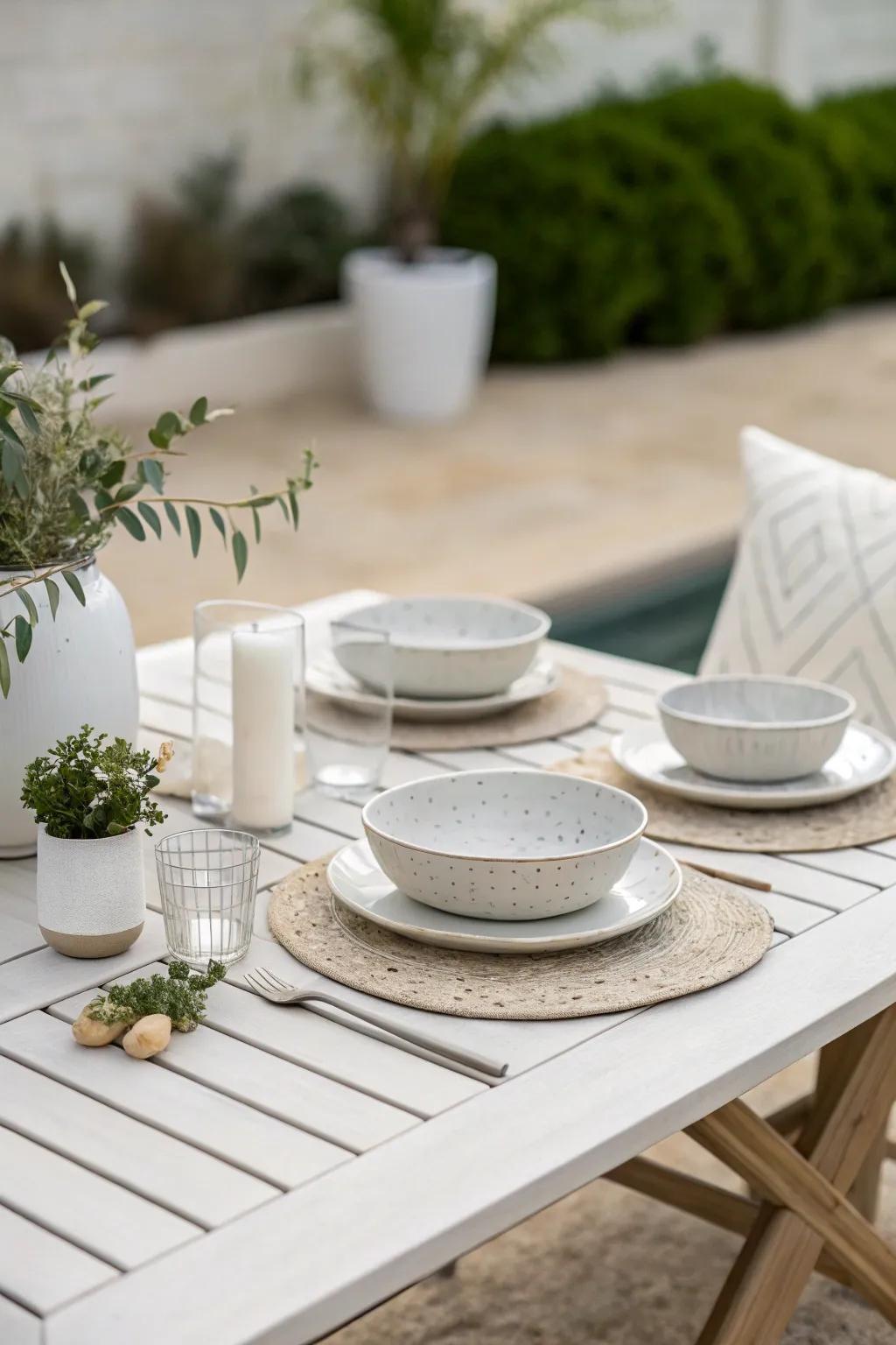 Minimalist elegance offers a calming outdoor dining experience.