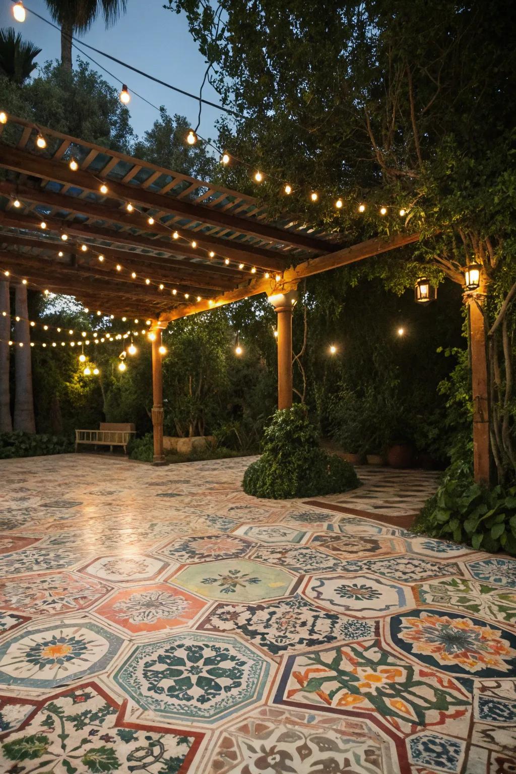 Arabesque tiles infuse patios with whimsical charm.